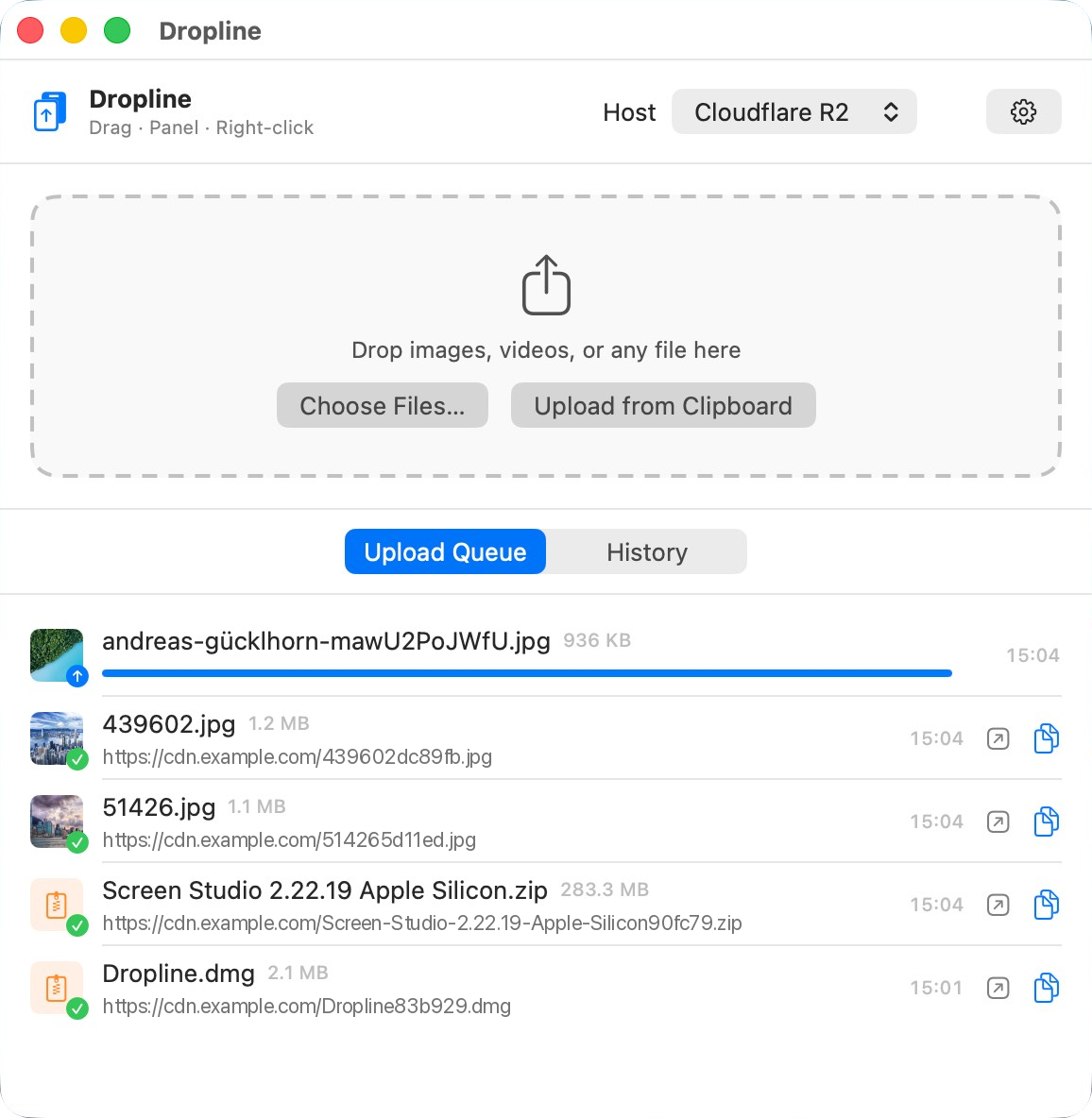 The Dropline window on macOS: a Cloudflare R2 host picker, a drop zone reading “Drop images, videos, or any file here”, and an upload queue where each finished file shows its public URL.
